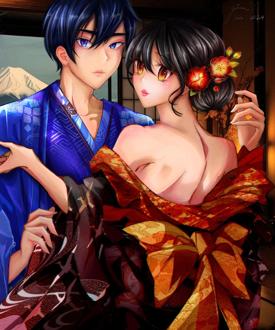 Ice cold blue heart melts in the arms of fiery red warmth, a fierce feminity wrapping around the deep blue, a delicate flower blossoms eternally in the icy fire.